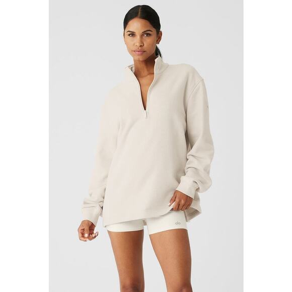 Alo UNISEX Renown Heavyweight 1/4 Zip Pullover Sweatshirt Color: Bone Sz: S - Picture 3 of 16